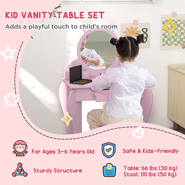 Coiffeuse avec miroir et tabouret, motif chat, rose