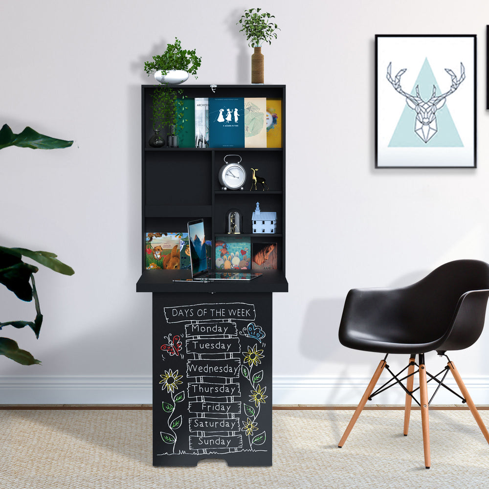 Multifunctional and space-saving folding and convertible wall-mounted desk, black