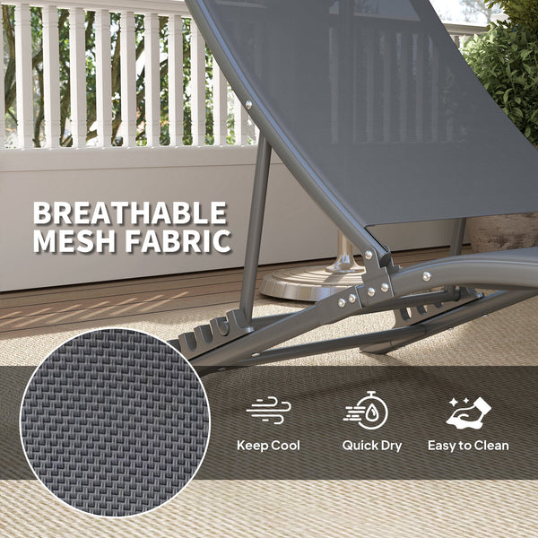 Lot de 2 chaises longues pliantes d'extérieur avec dossier réglable, appui-tête et assise en maille pour la plage et la piscine, gris