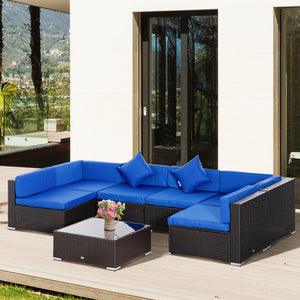 Ensemble de mobilier de jardin 7 pièces en rotin, canapé d'angle en osier pour terrasse, bleu