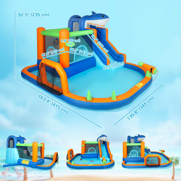 Château gonflable pour enfants, thème requins, avec toboggan et piscine, pour intérieur et extérieur, bleu