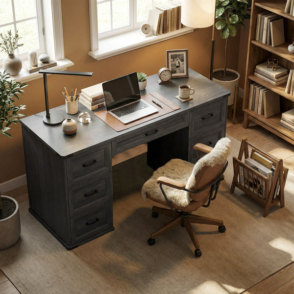 55" Computer Desk with 7 Drawers, Farmhouse Executive Desk for Home Office, Study, Bedroom, Black Wood Grain