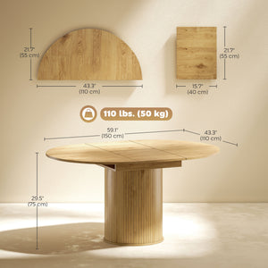 Table de cuisine extensible pour 6 à 8 personnes de style campagnard avec base sur pied, finition bois naturel