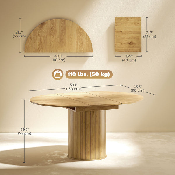 Table de cuisine extensible pour 6 à 8 personnes de style campagnard avec base sur pied, finition bois naturel
