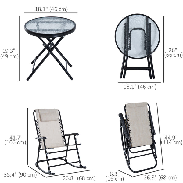 3pc Patio Rocking Chair Set, Folding Outdoor Rocking Chairs and Table Bistro Set w/ Breathable Mesh Seat & Backrest, Headrest for Park, Backyard, Garden, Cream White