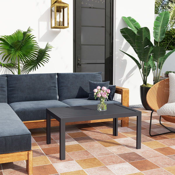 Outdoor Coffee Table, Rectangular Patio Table with Steel Frame and Slat Tabletop for Garden, Balcony, Grey