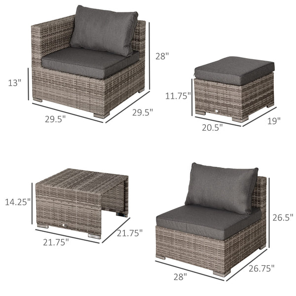 8 Pieces Patio Furniture Set, Outdoor Wicker Rattan Sofa Set Yard Conversation Seat Tea Table and Footstool Garden Patio Furniture w/ 2 Set Cushion Cover Grey & Orange