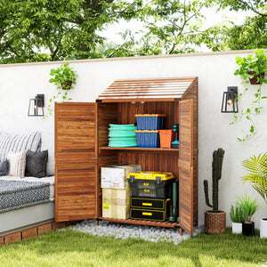 Wooden garden shed with double doors and shelves, mixed brown color