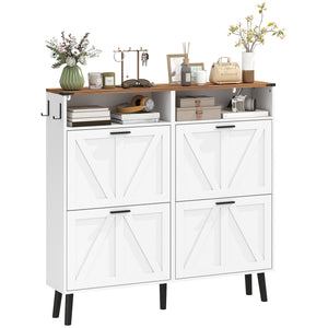 Shoe cabinet with 4 flip-down drawers, country style, narrow, holds up to 24 pairs, white