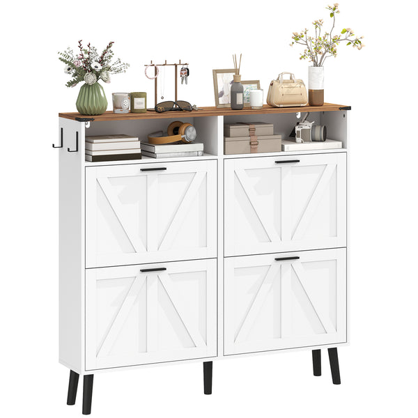 Shoe cabinet with 4 flip-down drawers, country style, narrow, holds up to 24 pairs, white