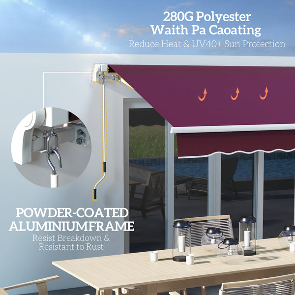 Store banne rétractable manuel 10' x 8' avec éclairage LED, cadre en aluminium, pare-soleil pour porte-fenêtre, rouge vin