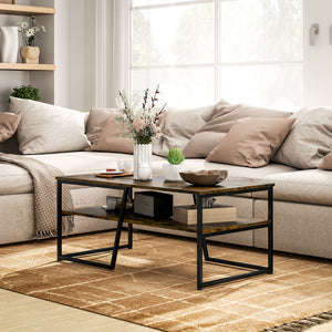 Table basse industrielle à deux niveaux avec étagère de rangement, brun rustique