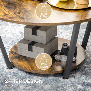 Table basse ronde à 2 niveaux avec étagère de rangement, marron rustique