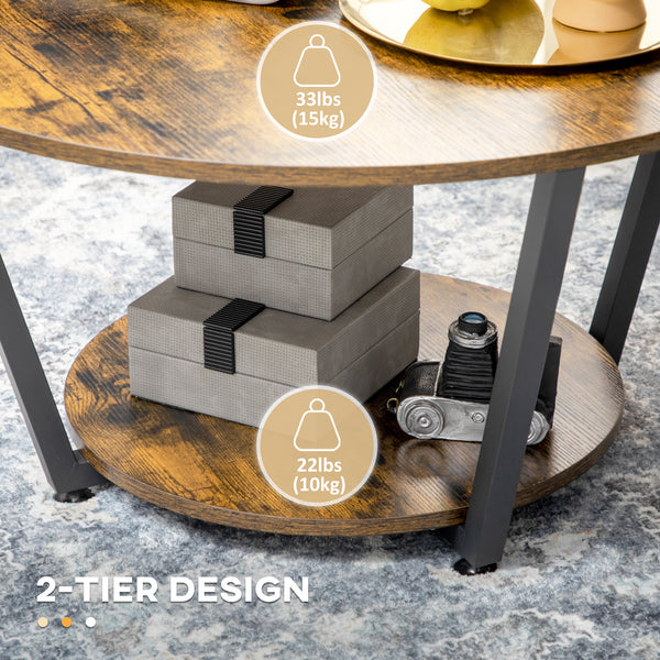 Table basse ronde à 2 niveaux avec étagère de rangement, marron rustique