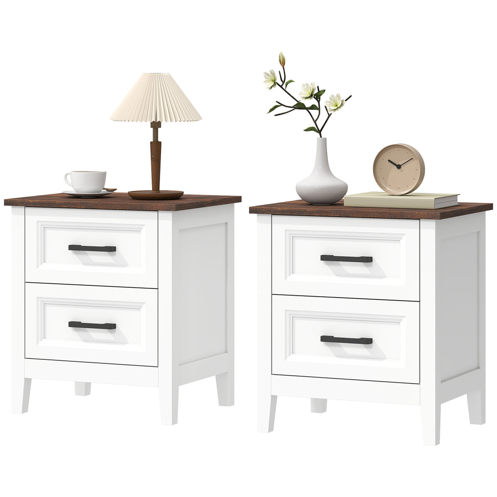Ensemble de 2 tables de chevet style ferme, avec 2 tiroirs, plateau effet bois, blanches