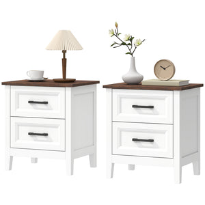 Ensemble de 2 tables de chevet style ferme, avec 2 tiroirs, plateau effet bois, blanches