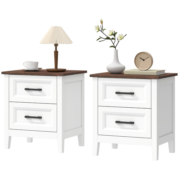 Ensemble de 2 tables de chevet style ferme, avec 2 tiroirs, plateau effet bois, blanches