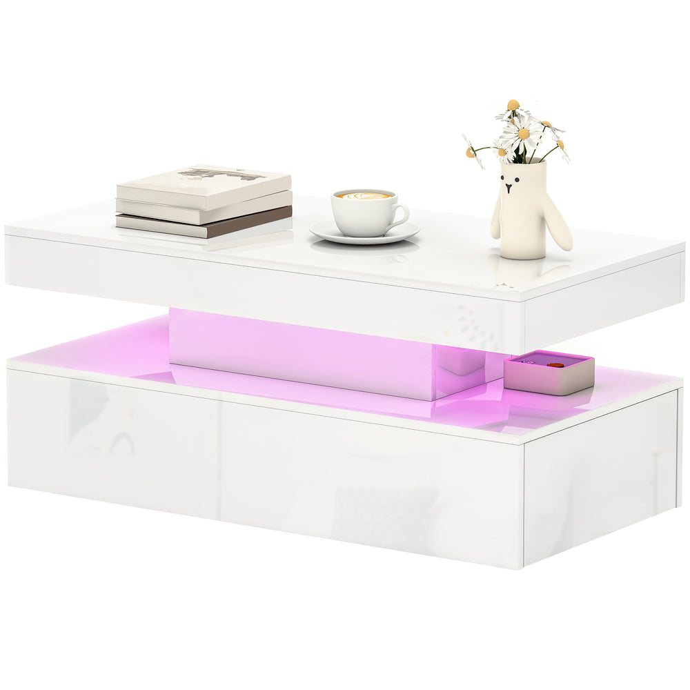 Table basse LED avec 2 tiroirs et étagère ouverte, blanc brillant