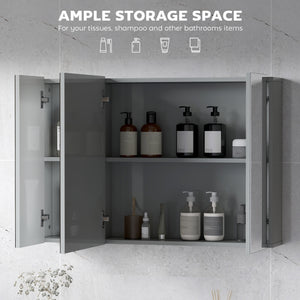 Armoire à pharmacie murale 35" x 24", avec miroir, 3 portes et étagères réglables, gris