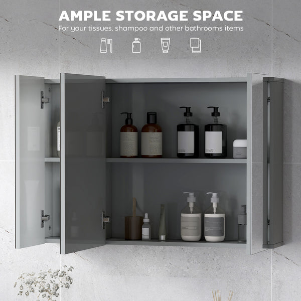 Armoire à pharmacie murale 35" x 24", avec miroir, 3 portes et étagères réglables, gris