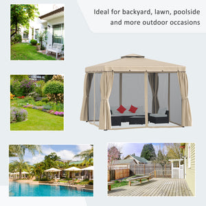 Gazebo 10 x 10 avec de jolis rideaux et des stores en maille, beige