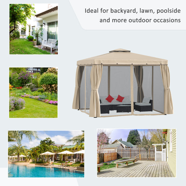 Gazebo 10 x 10 avec de jolis rideaux et des stores en maille, beige