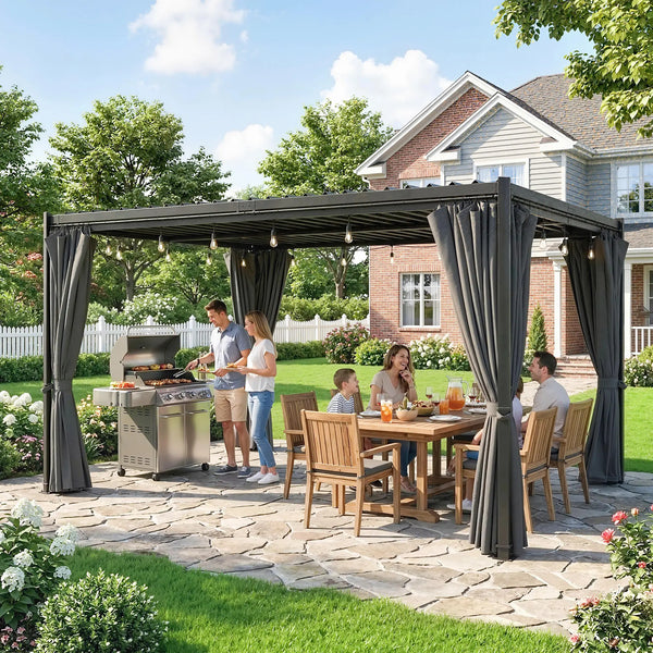 Pergola à lames orientables 10 x 13, toit en acier et rideaux,  gouttières de drainage, grise