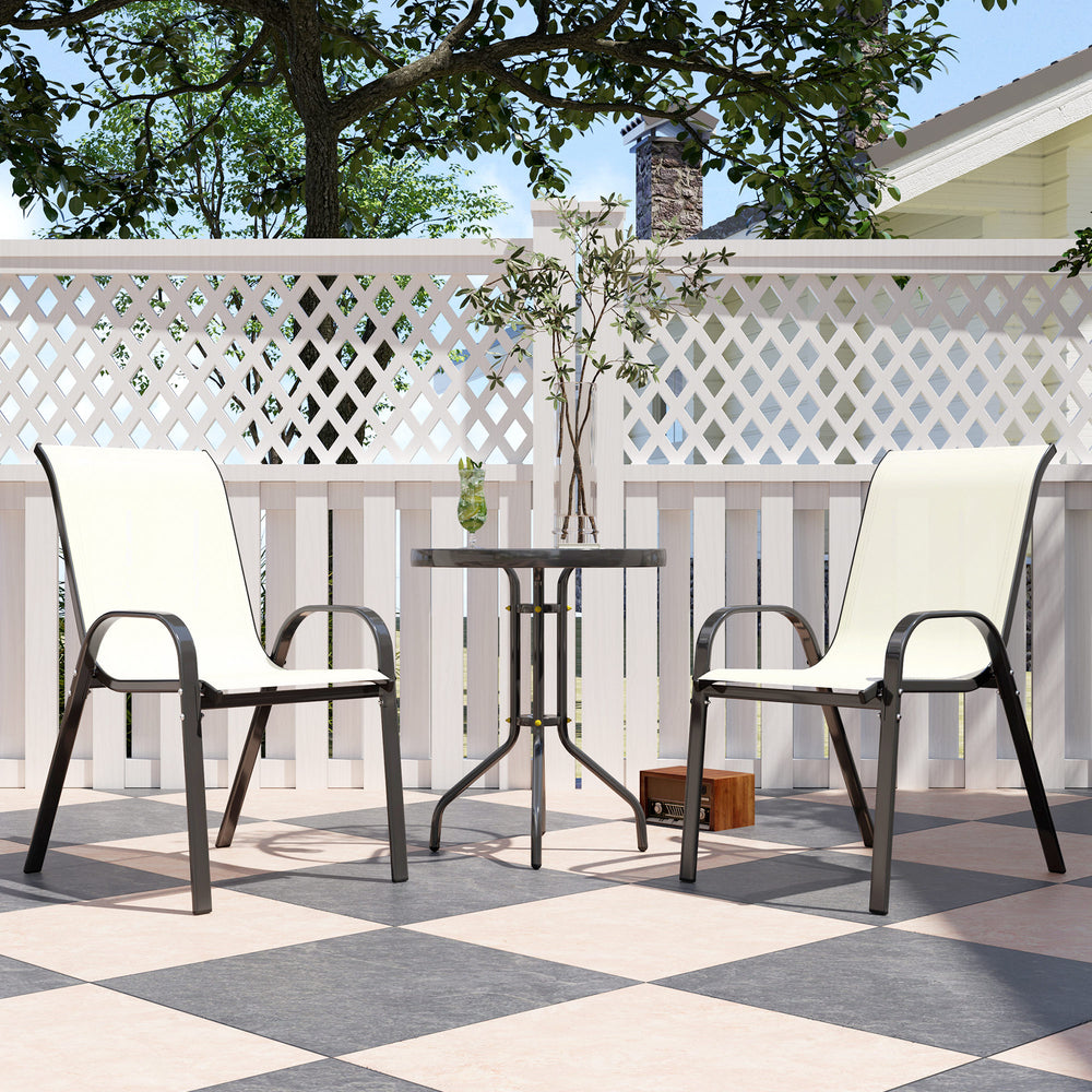 3 Pieces Bistro Set, Small Patio Furniture Set with Stackable Mesh Chairs, Glass Table for Garden, Balcony, Beige