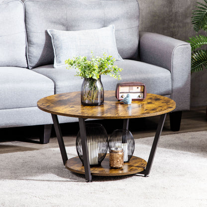 Table basse ronde à 2 niveaux avec étagère de rangement, marron rustique