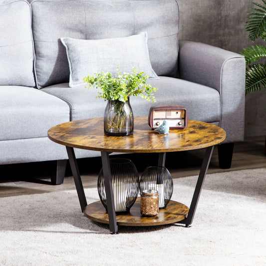 Table basse ronde à 2 niveaux avec étagère de rangement, marron rustique