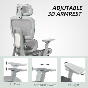 Chaise de bureau en résille avec accoudoirs 3D, dossier haut et soutien lombaire, inclinable à 135°, appui-tête réglable, gris
