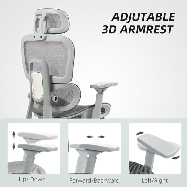 Chaise de bureau en résille avec accoudoirs 3D, dossier haut et soutien lombaire, inclinable à 135°, appui-tête réglable, gris