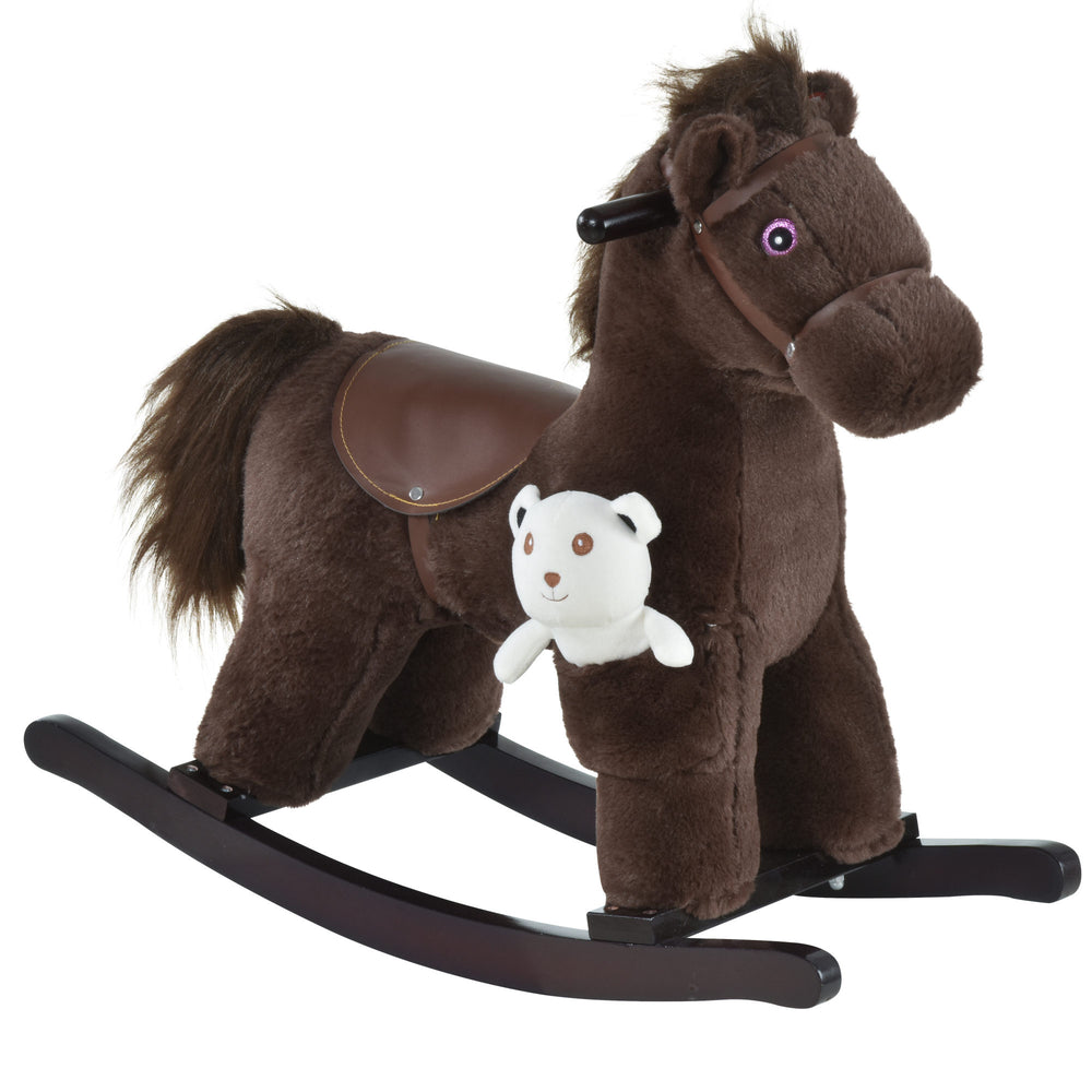 Cheval à bascule en peluche avec ours en peluche, marron et blanc