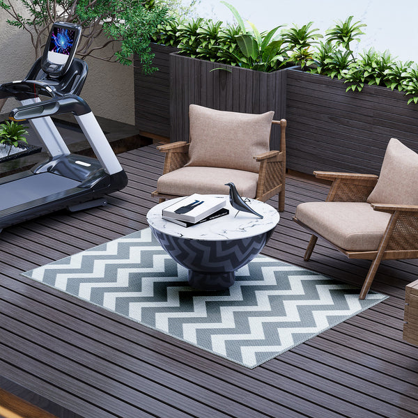 Tapis d'extérieur réversible pour patio, tapis en paille plastique 4' x 6' pour jardin, terrasse, plage, camping, gris et blanc