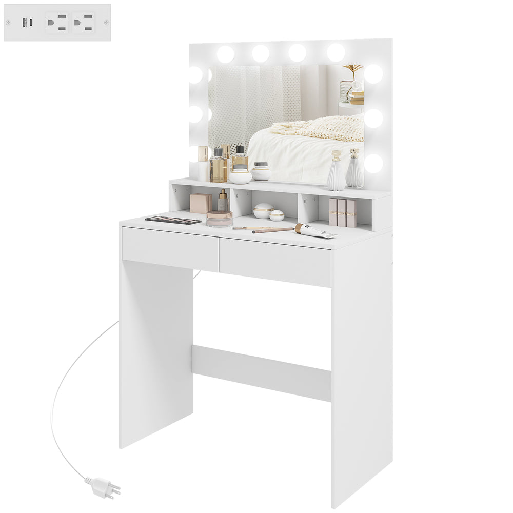 Coiffeuse avec miroir à éclairage LED, station de charge et tiroirs, blanche