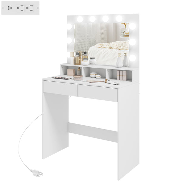 Coiffeuse avec miroir à éclairage LED, station de charge et tiroirs, blanche