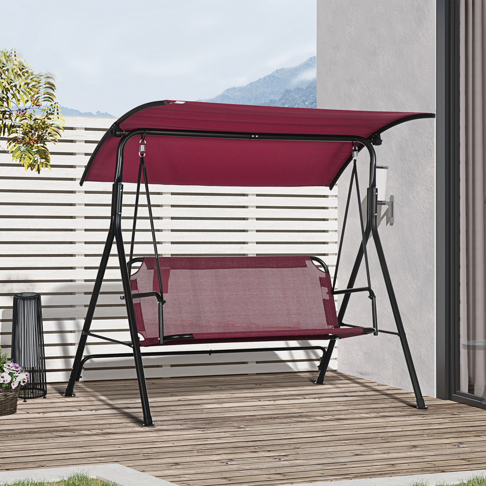 3-Seater Outdoor Porch Swing with Adjustable Canopy, Patio Swing Chair for Garden, Poolside, Backyard, Wine Red