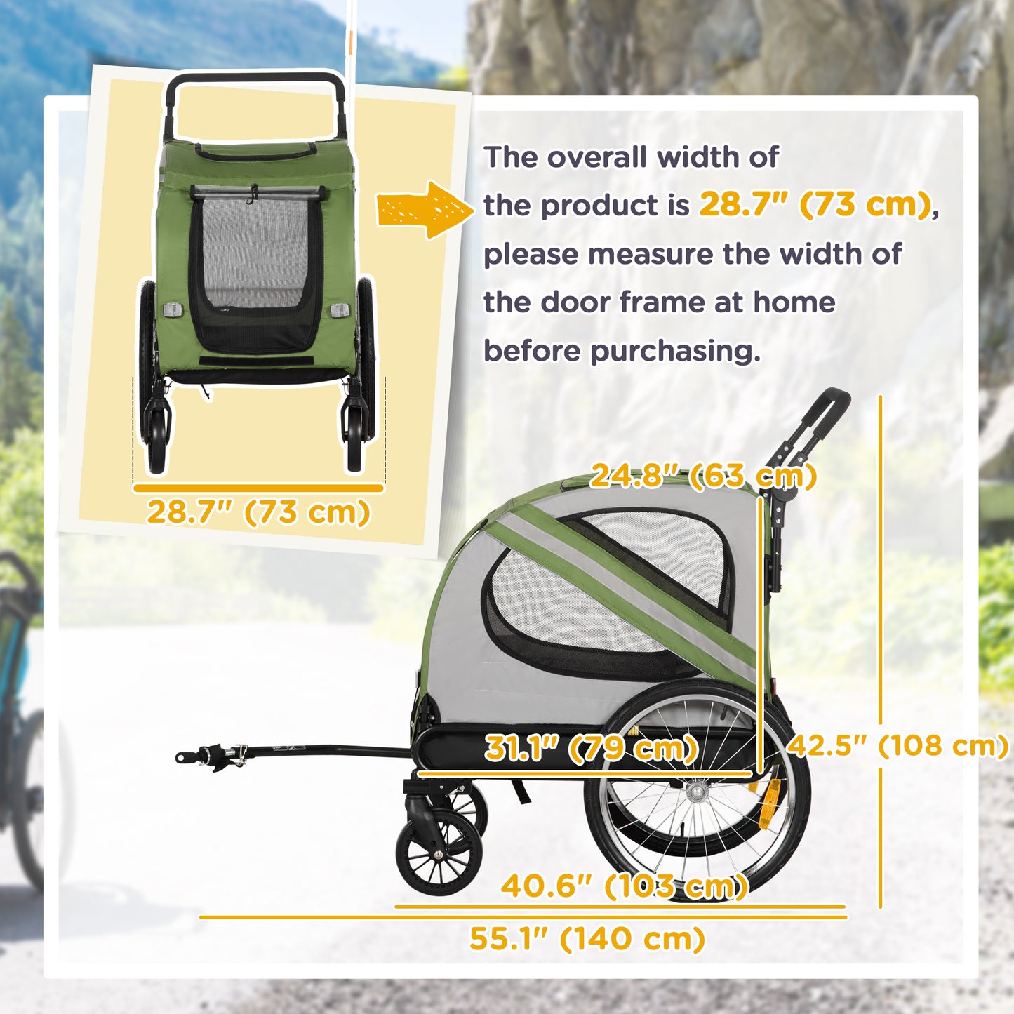 2-in-1 Dog Bike Trailer with Universal Wheel Reflectors, for Small and Medium Dogs, Green