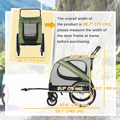 2-in-1 Dog Bike Trailer with Universal Wheel Reflectors, for Small and Medium Dogs, Green