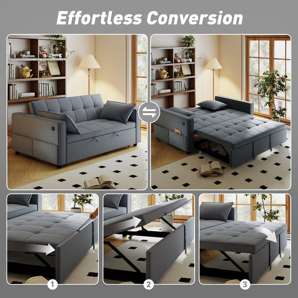 3‑in‑1 Convertible Sofa Bed, Pull Out Sleeper Sofa with USB Charging, Adjustable Backrest, Side Pockets, Dark Gray