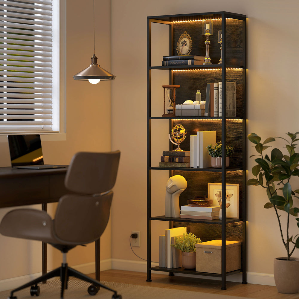 Bibliothèque à 5 niveaux avec éclairage LED et structure métallique, noire.