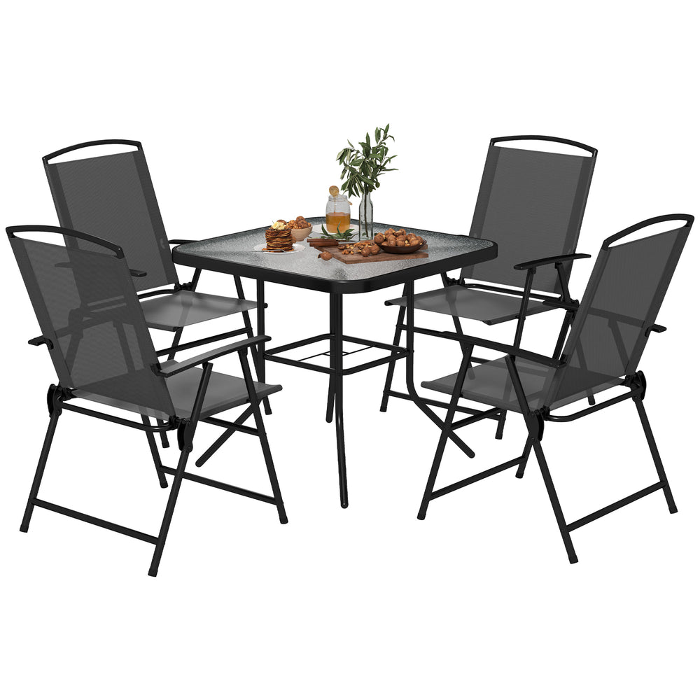 Ensemble de salle à manger d'extérieur 5 pièces avec table en verre et 4 chaises pliantes en filet, petit mobilier de jardin, gris