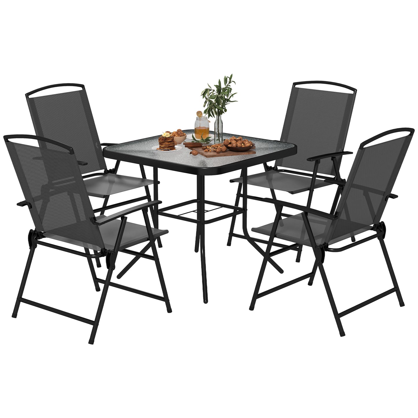 Outsunny 5 Piece Outdoor Dining Set with Glass Table and 4 Folding Mesh Chairs, Small Garden Furniture, Grey