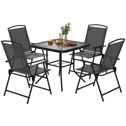 Outsunny 5 Piece Outdoor Dining Set with Glass Table and 4 Folding Mesh Chairs, Small Garden Furniture, Grey