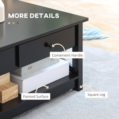 HOMCOM Coffee Table with Storage, Farmhouse Style Living Room Table with Drawers and Open Shelf, Center Table with X-Frames, Black