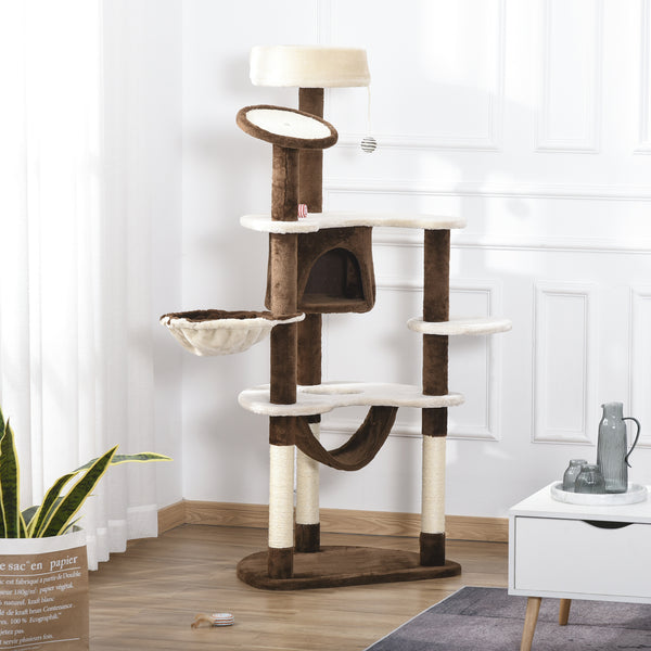 60-inch Cat Tree, Cat Bed, House &amp; Toys - Brown &amp; Beige