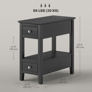Table d'appoint étroite avec station de charge avec étagère de rangement et tiroirs pour salon, noire