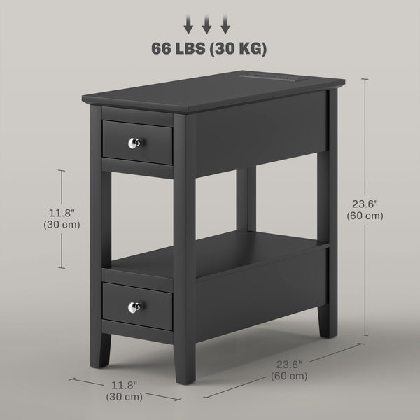 Table d'appoint étroite avec station de charge avec étagère de rangement et tiroirs pour salon, noire