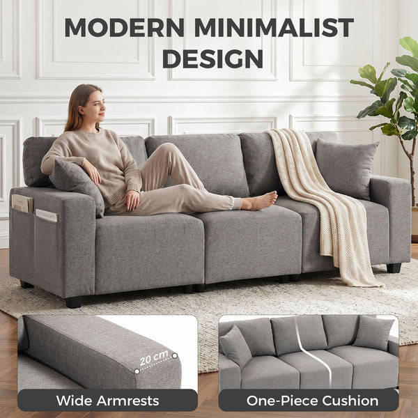 Canapé 3 places avec poches de rangement, moderne rembourré avec ressorts ensachés, gris