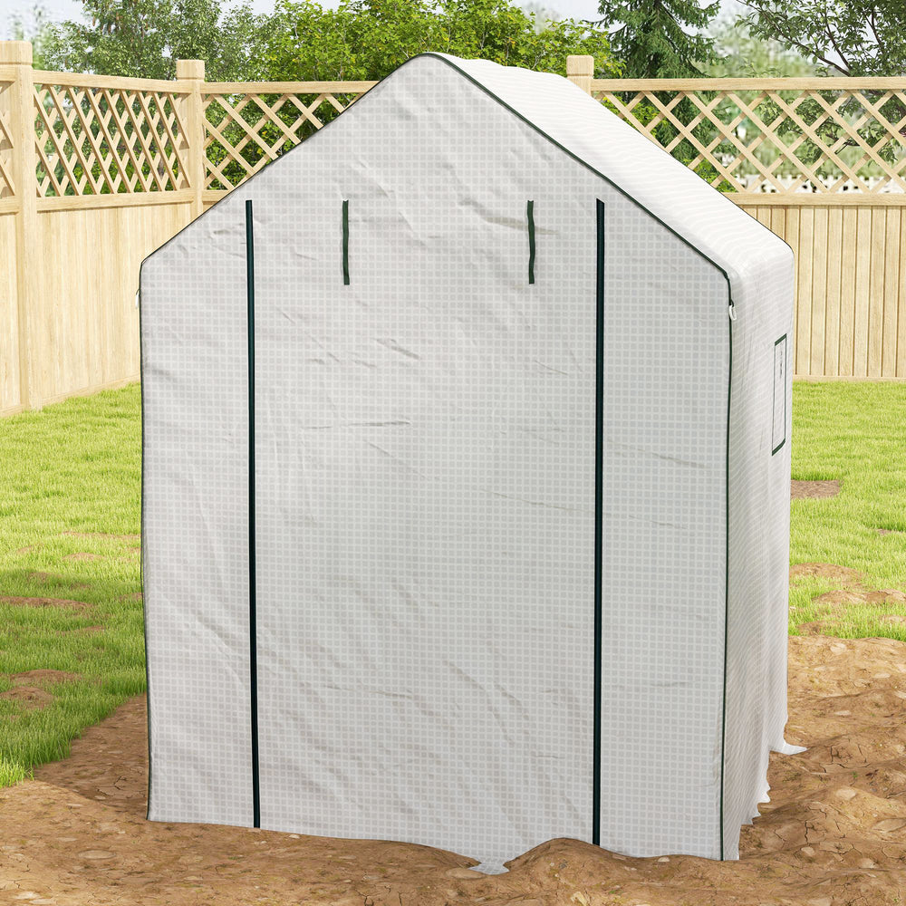 Small outdoor greenhouse with 2-tier U-shaped flower shelves, white